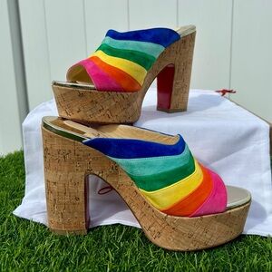 CHRISTIAN LOUBOUTIN O SISTER PLATFORM MULE SANDALS MULTICOLOR SUEDE SZ 37 NEW!